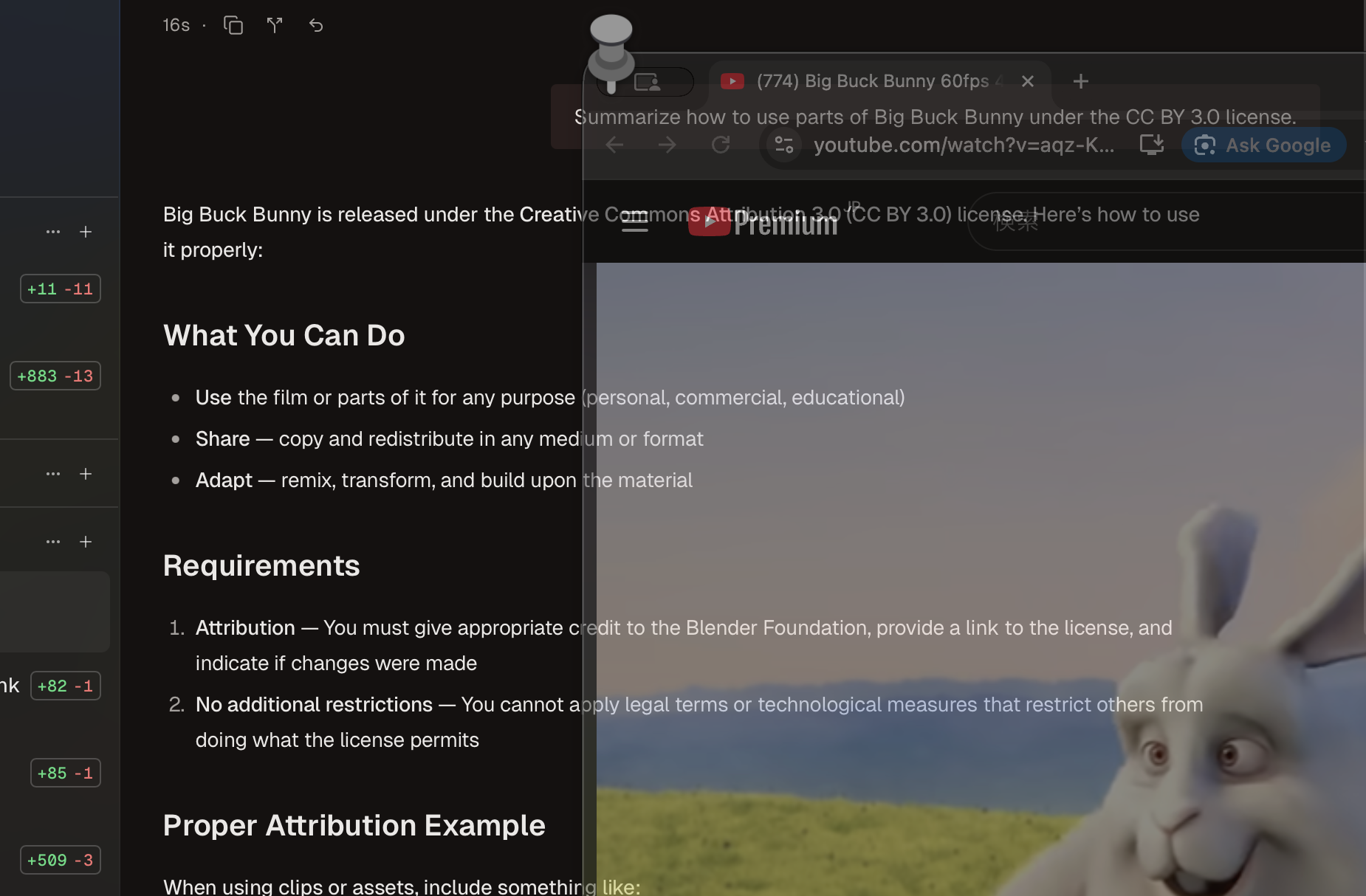 Semi-transparent pinned window floating over an editor